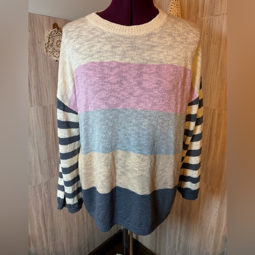 Greige Elegant Striped Crew Neck Sweater